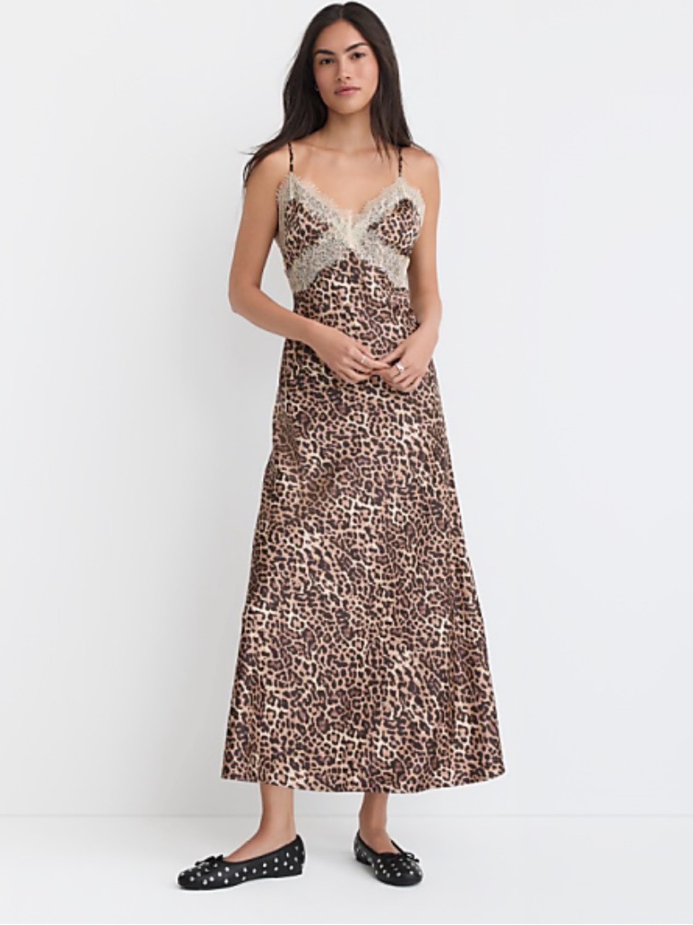 Loft Leopard Print Lace Trim Satin Midi Slip Dres